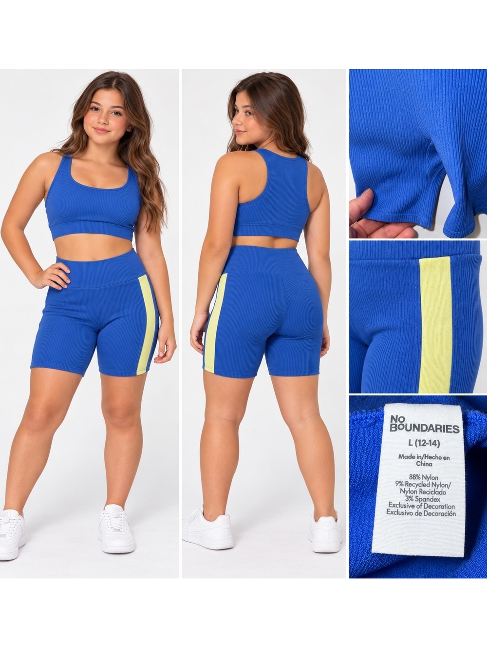 No Boundaries Blue Ribbed Biker Shorts with Lime Side Stripe